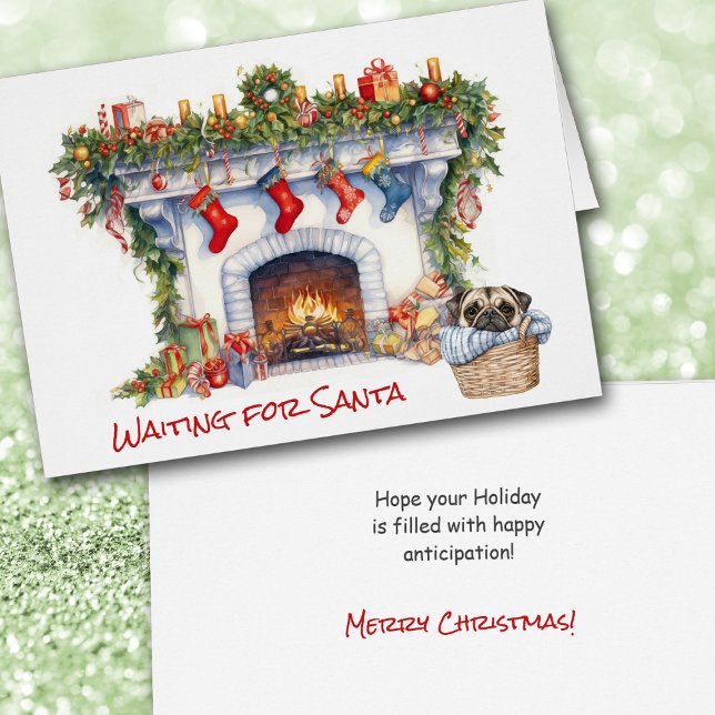 Cartão Pug Puppy Christmas Fireplace Wait for Santa (Criador carregado)