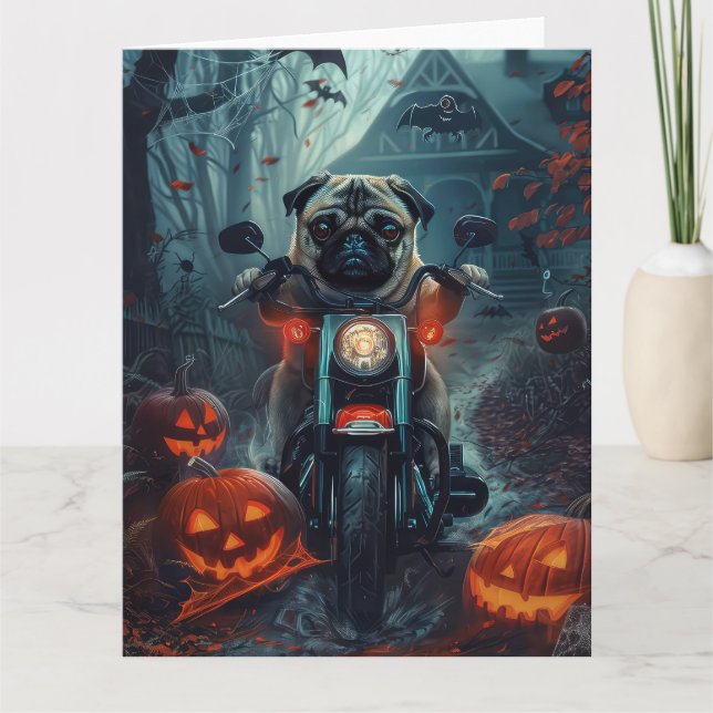 Cartão Pug Riding Motorcycle Halloween Scary (Frente)