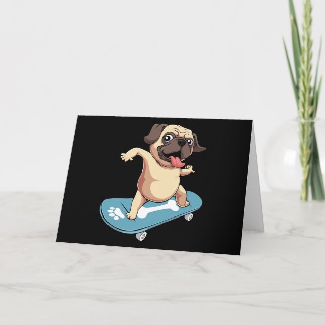Cartão Pug Skateboarder Patinando (Frente)