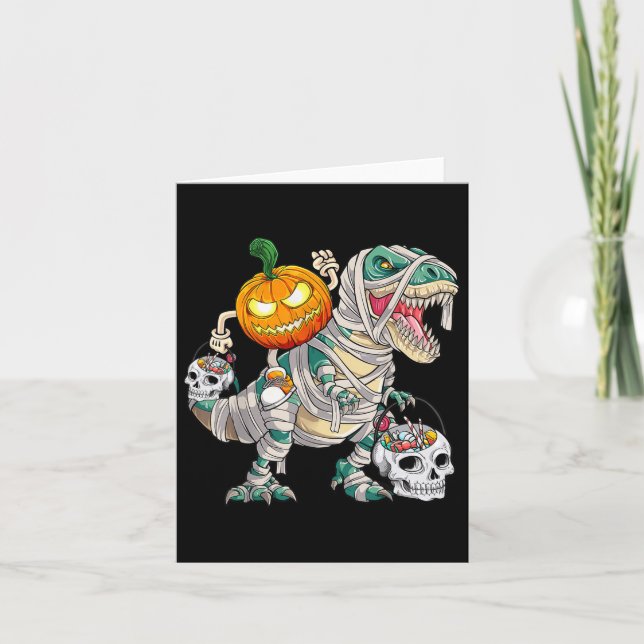 Cartão Pumpkin Andando Mummy Dinossaur T Rex Halloween Di (Frente)