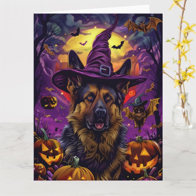 Cartão Pumpkin de bruxa de Halloween, German shepherd ass (Flor Amarela)