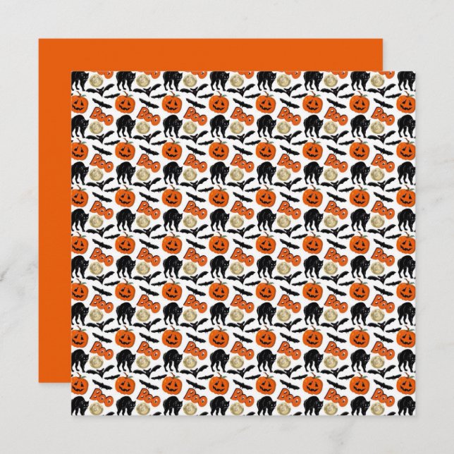 Cartão Pumpkin De Gato E Desenho De Lua Do Halloween Boo  (Frente/Verso)