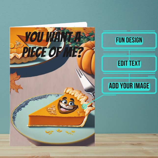 Cartão Pumpkin Pie Ficou Muito Engraçado Dia de Ação de G (Share your gratitude this year with a Thanksgiving greeting card using a fun and funny design.)