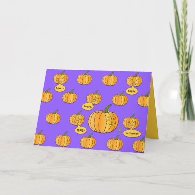 Cartão Pumpkin Whimsical no Halloween Roxo (Frente)