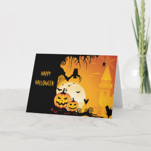 Cartão Pumpkins assustador do Halloween e lua cheia