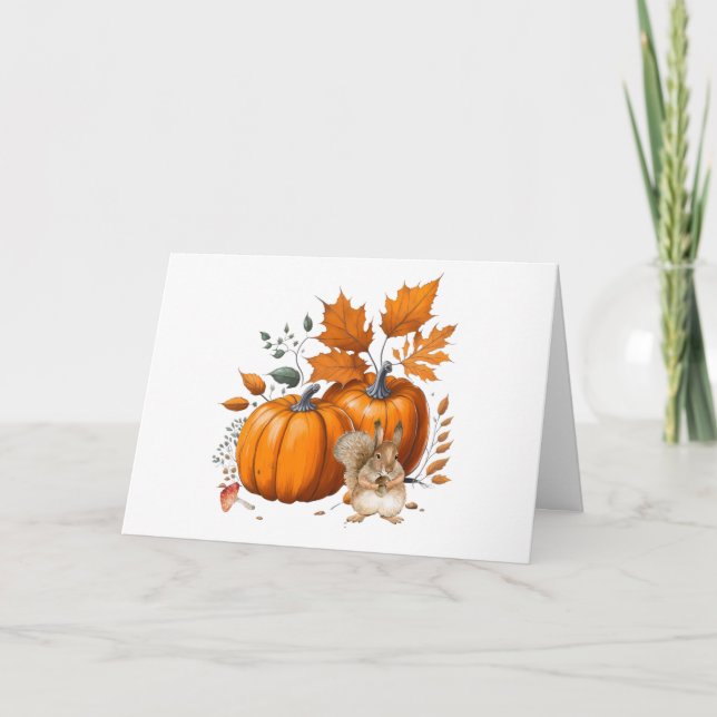 Cartão Pumpkins, Folhas de outono e Esquilo (Frente)