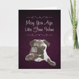 Cartão Purple Damask Pug & Fine Wine Happy Birthday Card