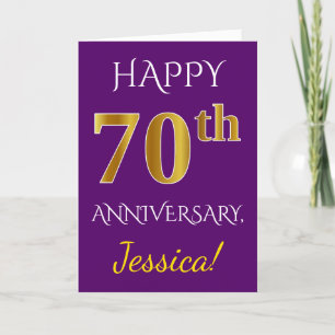Cartão Purple, Faux Gold 70th Wedding Anniversary + Name