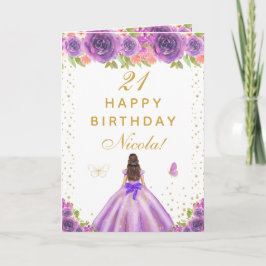Cartão Purple Floral Brunette Hair Girl Birthday
