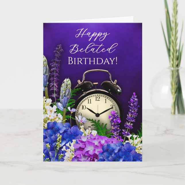 Cartão Purple Floral Clock Belated Birthday Card (Frente)
