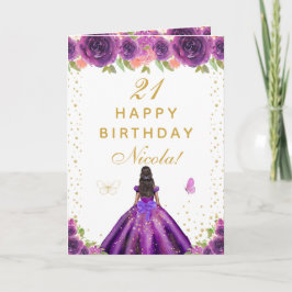 Cartão Purple Floral Dark Skin Girl Birthday
