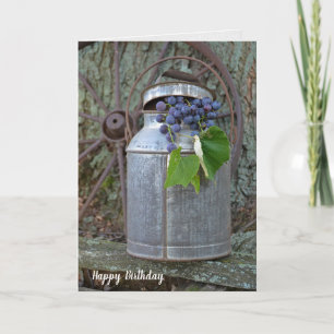 Cartão purple grapes in antique milk can birthday