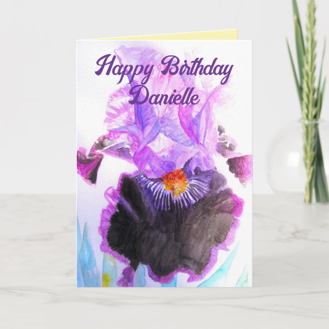 Cartão Purple Iris Watercolor Flower Floral Birthday (Frente)