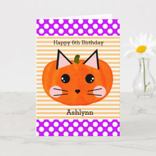 Cartão Purple Orange Pumpkin Cat Halloween Birthday