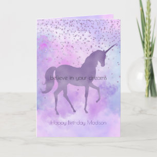 Cartão Purple Stars Confetti Watercolor Unicorn Birthday