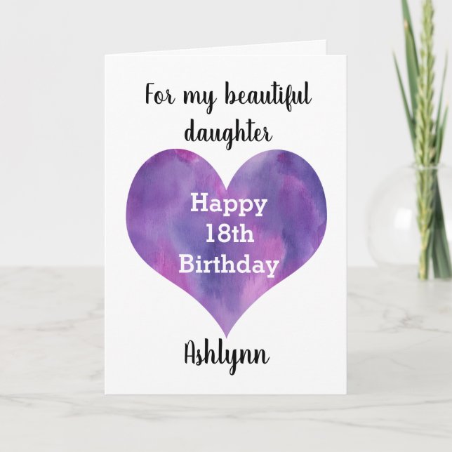 Cartão Purple Watercolor Heart 18th Birthday Filha (Frente)