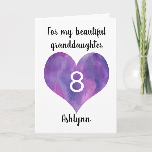 Cartão Purple Watercolor Heart 8th Birthday Card (Frente)