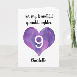Cartão Purple Watercolor Heart 9th Birthday Card