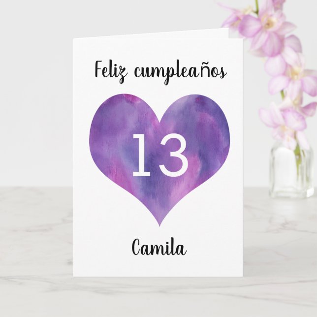 Cartão Purple Watercolor Heart Espanhol 13 Birthday (Orquídea)