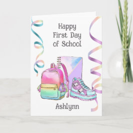 Cartão Púrpura Azul Rosa Feliz Primeiro Dia da Escola