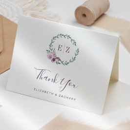 Cartão Púrpura Floral Wreath Monograma Casamento Obrigado