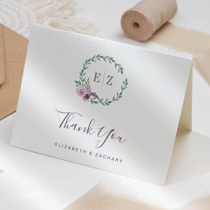 Cartão Púrpura Floral Wreath Monograma Casamento Obrigado
