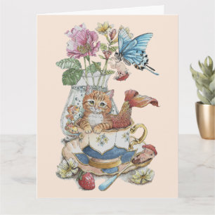 Cartão Purrmaid Caprichosa de Aquarela em Xícara Floral