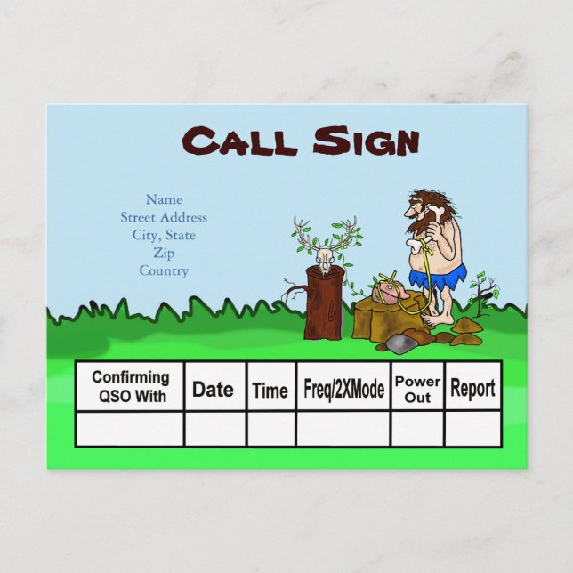 Cartão QSL de Rádio Amador do Homem das Cavernas H (Frente)