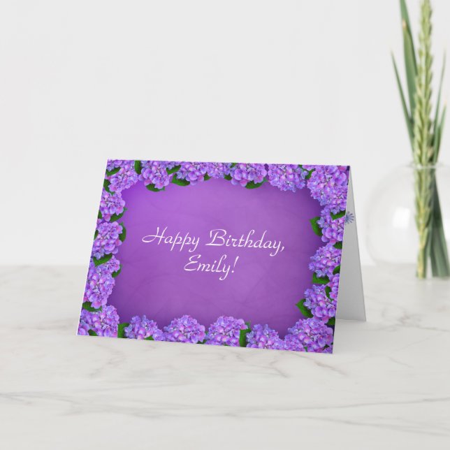 Cartão Quadro de hydrangea roxo para o aniversário (Frente)