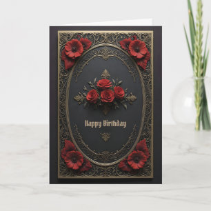 Cartão Quadro Gótico com Flores Vermelhas Aniversário