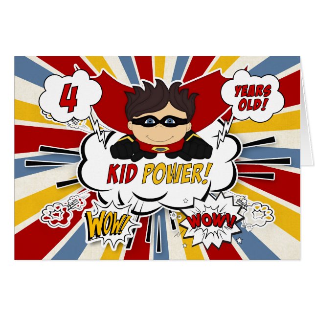 Cartão Quarto Aniversário para Boys Super Kid Red Comic B (Frente Horizontal)