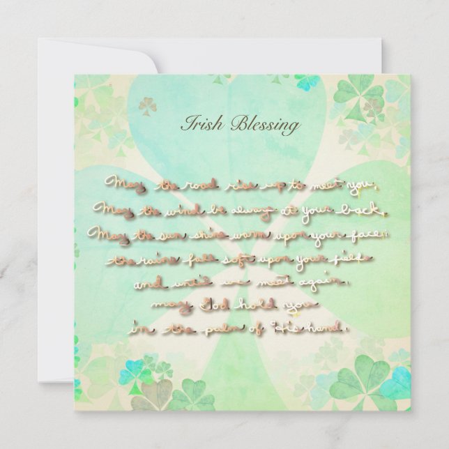 Cartão Que a estrada suba... Manuscrito com Shamrocks (Frente)