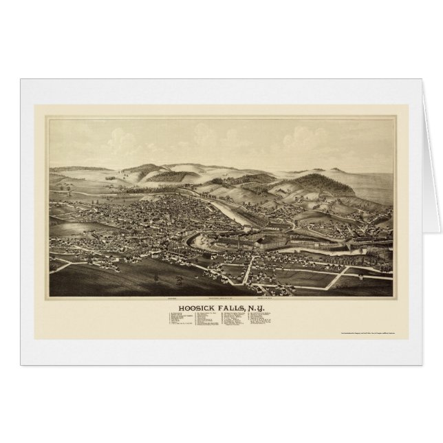 Cartão Quedas de Hoosick, mapa panorâmico de NY - 1889 (Frente Horizontal)