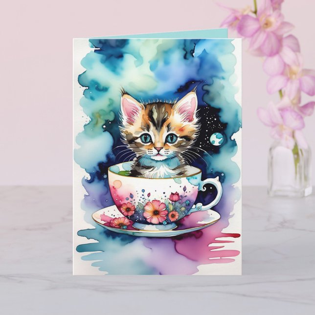 Cartão Quem não ama um Gatinho em um Teacup? (Criador carregado)