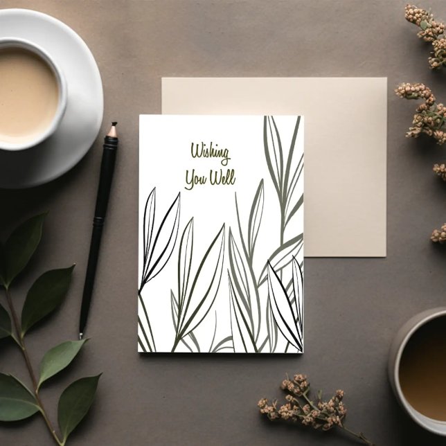 Cartão Quiet Reeds — Minimal Get Well Card (Minimal botanical get well card front page with reeds and “Wishing You Well” message.)