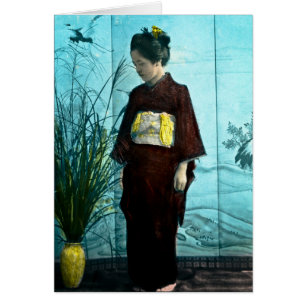 Cartão Quimono colorido do vintage da menina mão japones
