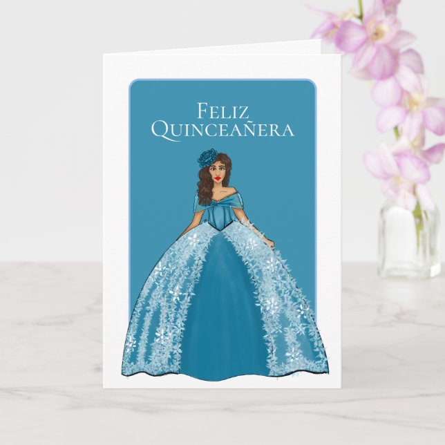 Cartão Quinceanera Azul com Florais Quince Aniversário (Orquídea)