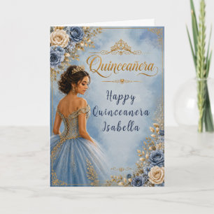 Cartão Quinceañera Azul e Dourado