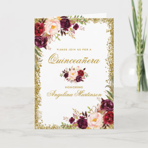 Cartão Quinceanera Burgundy Foto Floral Dobra