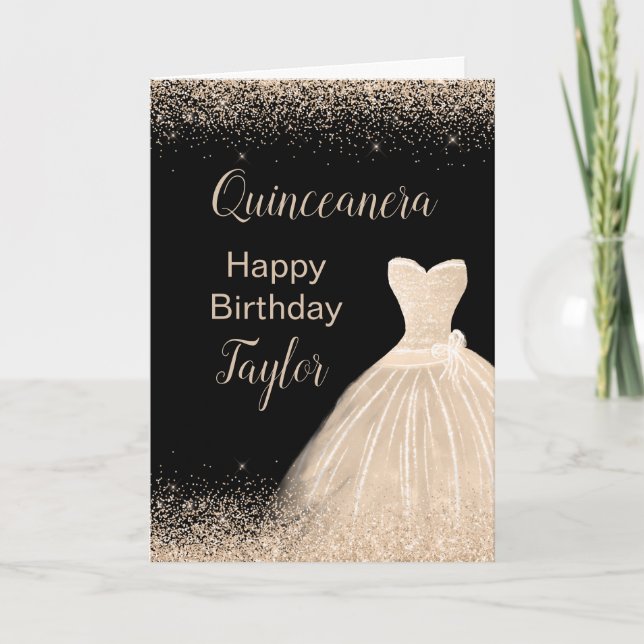Cartão Quinceanera Champagne Vestido Branco Faux Glitter (Frente)