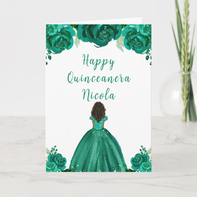 Cartão Quinceanera Floral Verde Princesa da Pele Escura (Frente)
