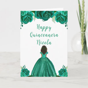 Cartão Quinceanera Floral Verde Princesa da Pele Escura