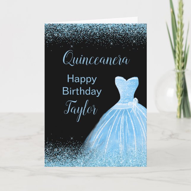 Cartão Quinceanera Light Blue Dress Faux Glitter (Frente)