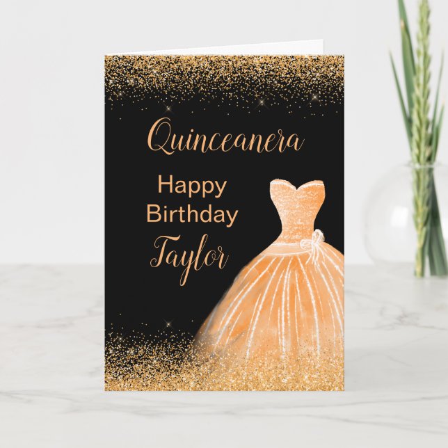Cartão Quinceanera Peach Orange Dress Faux Glitter (Frente)