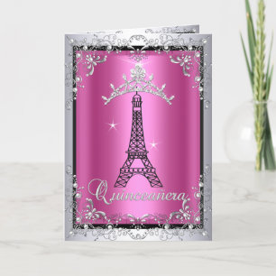 Cartão Quinceanera Rosa Tiara Prata Torre Eiffel
