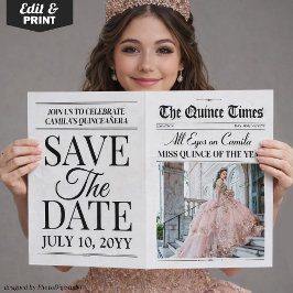 Cartão Quinceañera Save the Date Newspaper Photoshoot