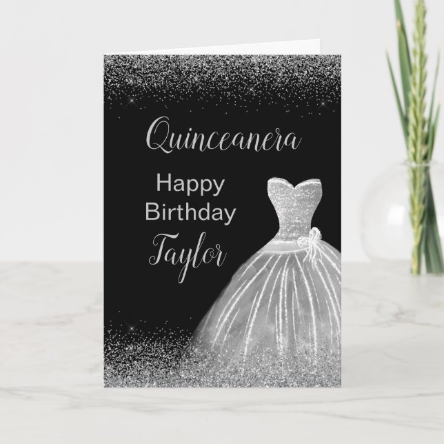 Cartão Quinceanera Silver Dress Faux Glitter (Frente)