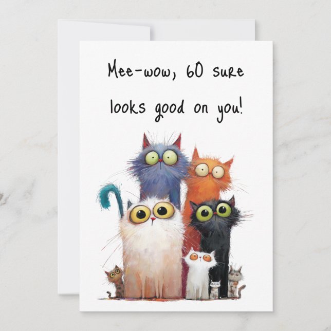 Cartão Quirky Cats with Big Eyes 60th Birthday Flat (Frente)