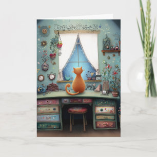 Cartão Quirky Orange Cat em uma Janela Saudação