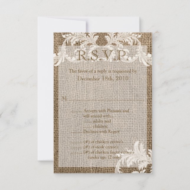 Cartão R.S.V.P. 3,5x5 renda burlap Country Western (Frente)